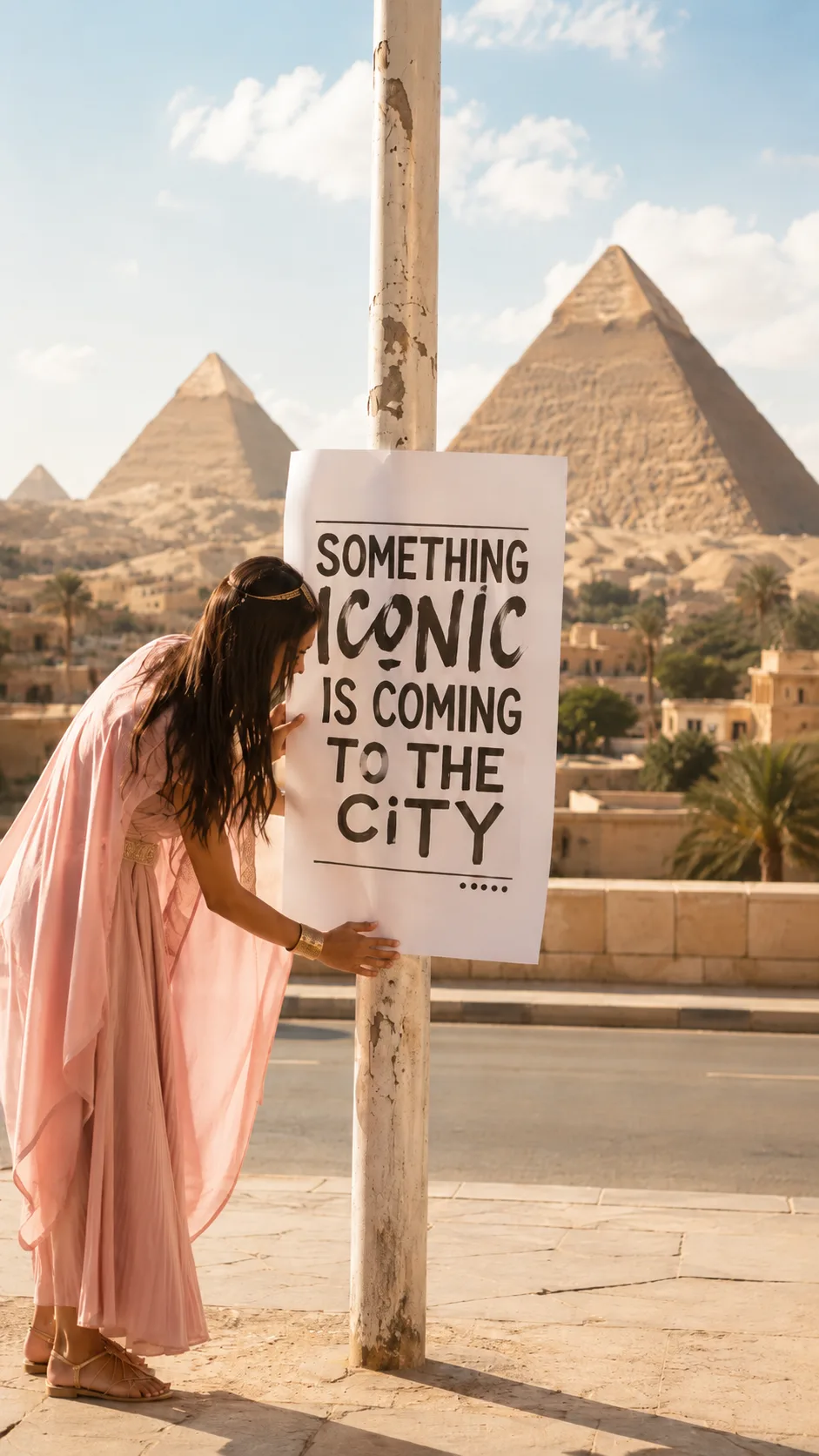 Something iconic is coming to the city — AMAYA CAFE poster in front of the Pyramids of Giza
